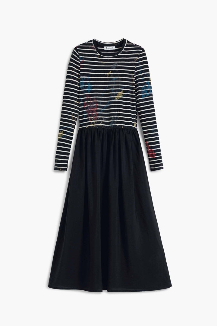 Robe midi à rayures, manches longues, jupe fluide unie, encolure ronde, style moderne et élégant.