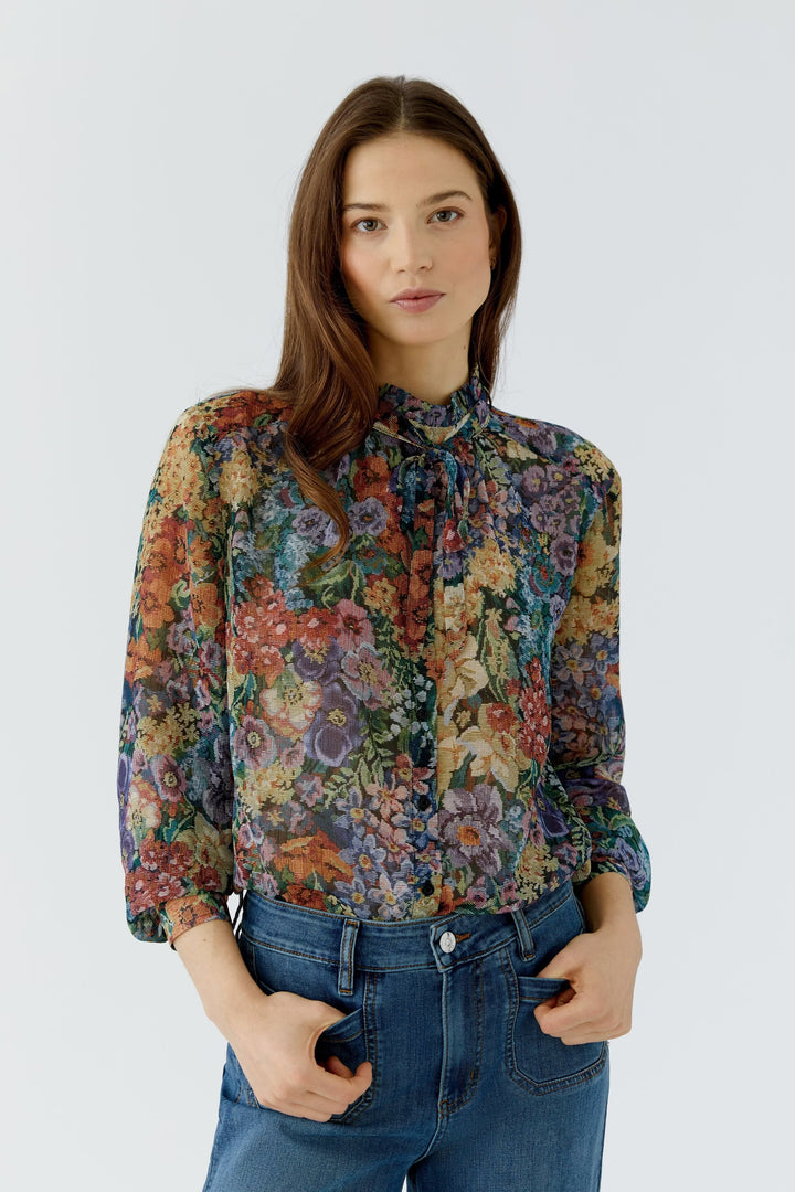 Vue de face blouse imprimée Oui pour femme motif floral rouge - Valérie Simon