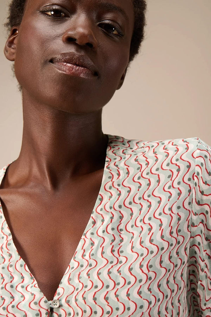 Front view of the Nile multicolored, flowing, collarless printed blouse for women - Valérie Simon