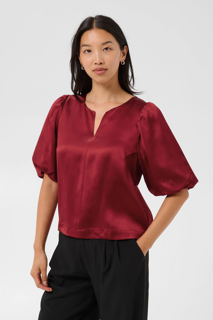 Dunja satin blouse with puff sleeves, front view, for women by Part Two