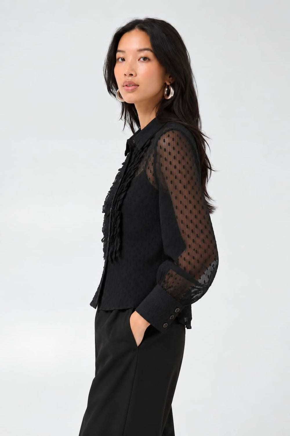Front View of Women's Vanora Blouse with Textured Polka Dots and Ruffles Part Two