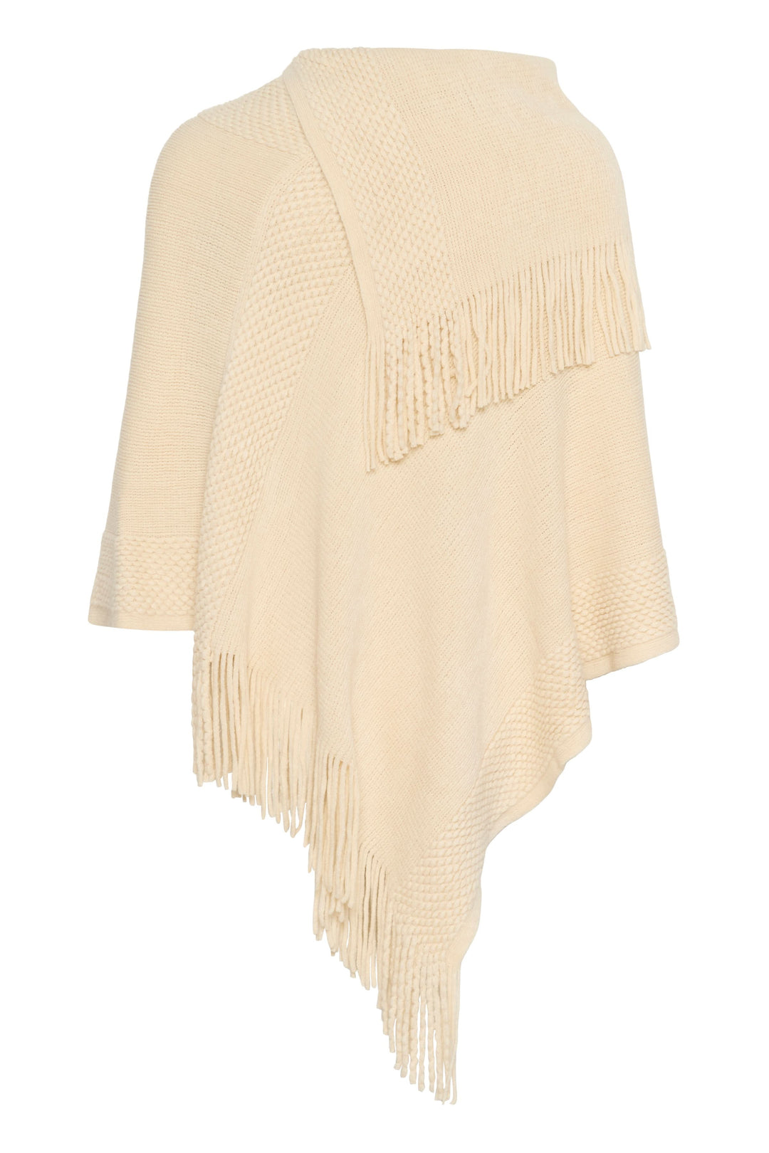 Cape en tricot à franges avec col drapé, texture douce et franges délicates, parfaite pour l'automne.
