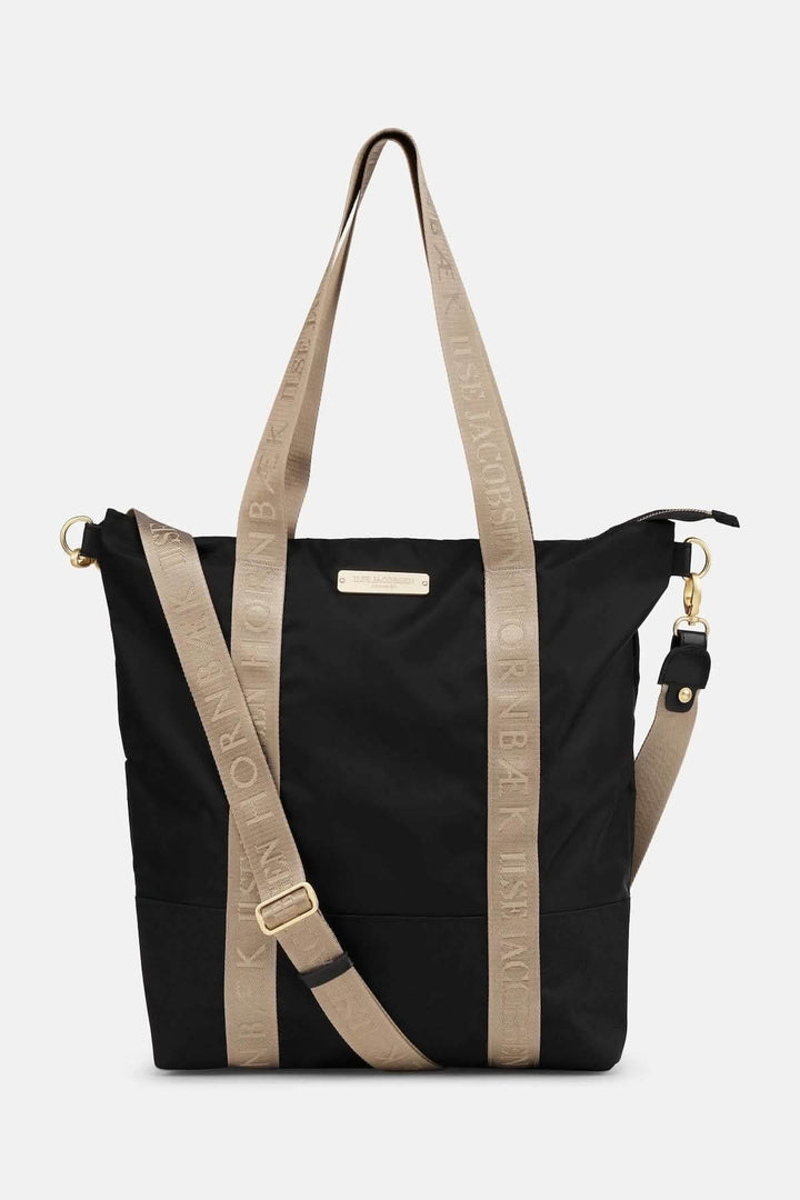 Sac Cabas à main en nylon avec bandoulière ajustable, noir, sangles logotées, fermeture éclair YKK, poche intérieure pratique.
