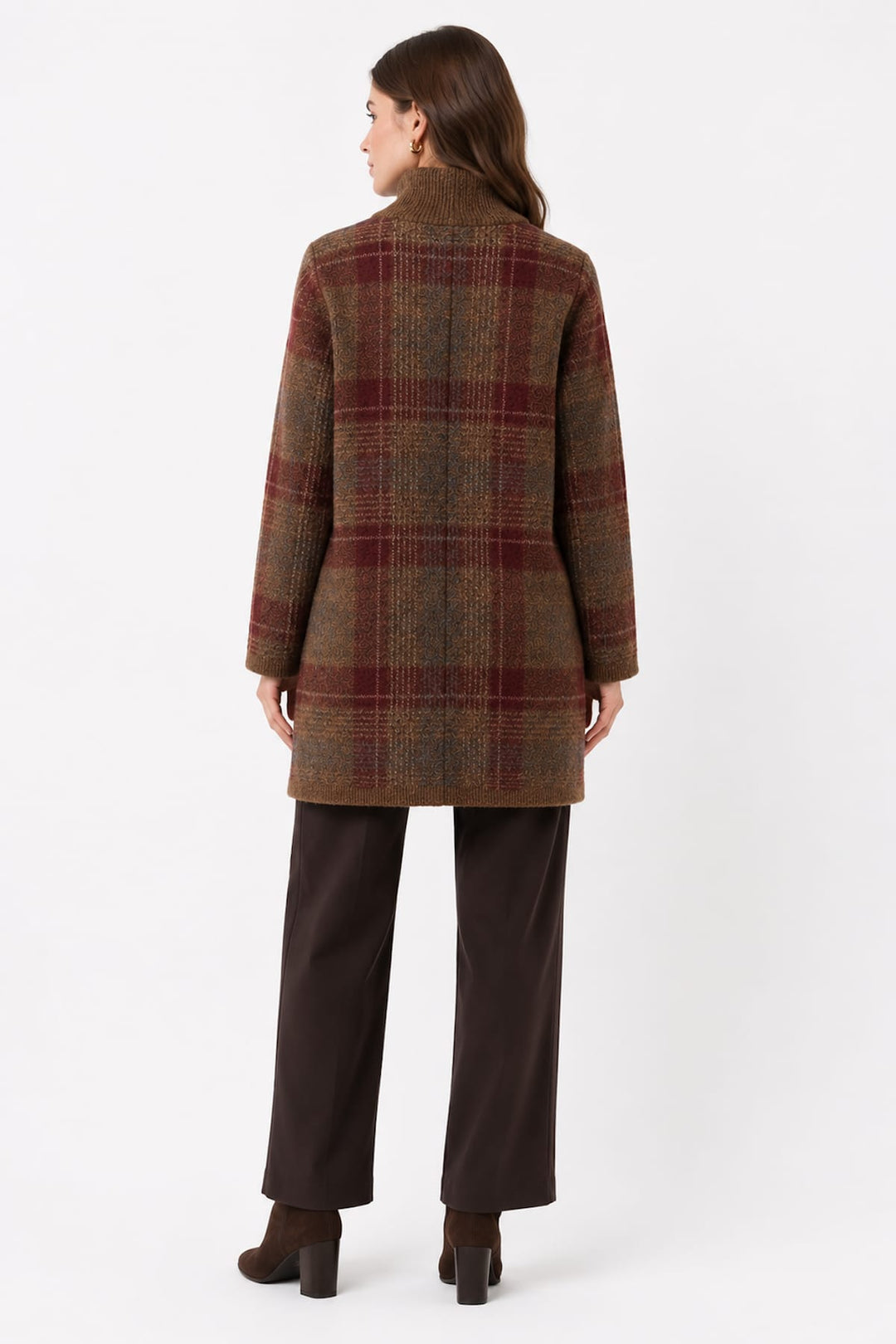 Cape à carreaux vue de côté en gris avec col montant Repeat Cashmere pour femme - Valérie Simon