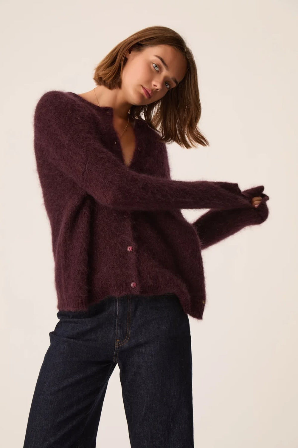 Cardigan Bea ample en kid mohair et laine mérinos vue de face pour femme Des Petits Hauts