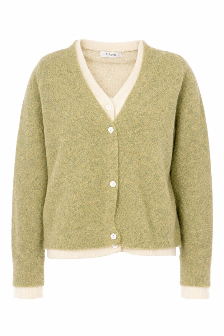 Vue de face cardigan JC SOPHIE femme beige à bordures contrastantes Valérie Simon
