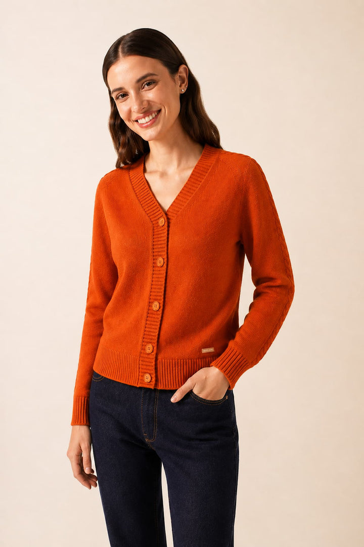 Cardigan Glassgow en maille texturée à col V vue de face pour femme Saint James