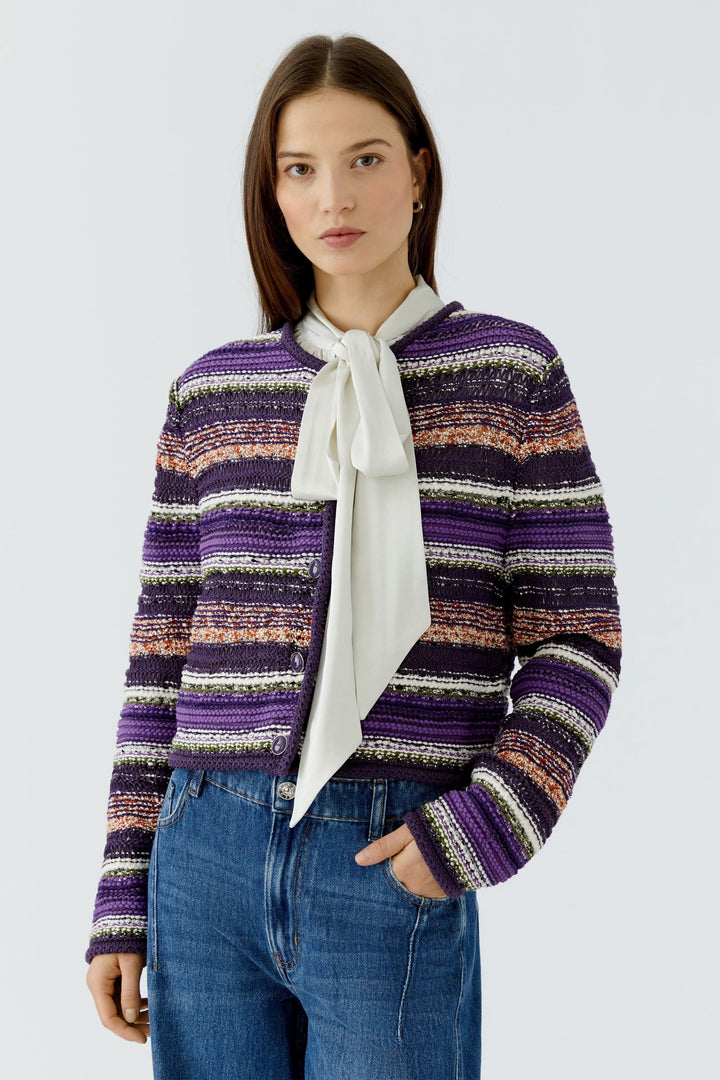 Vue de face cardigan rayé maille texturée margeurite bleu femme - Valérie Simon
