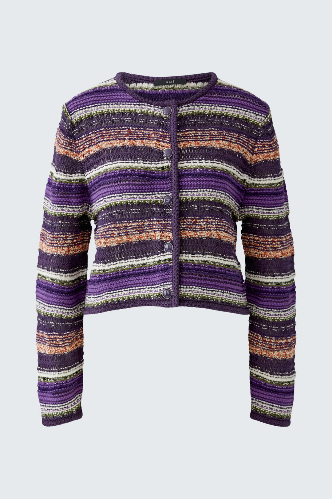 Vue de face cardigan rayé gris et blanc en maille texturée pour femme - Valérie Simon