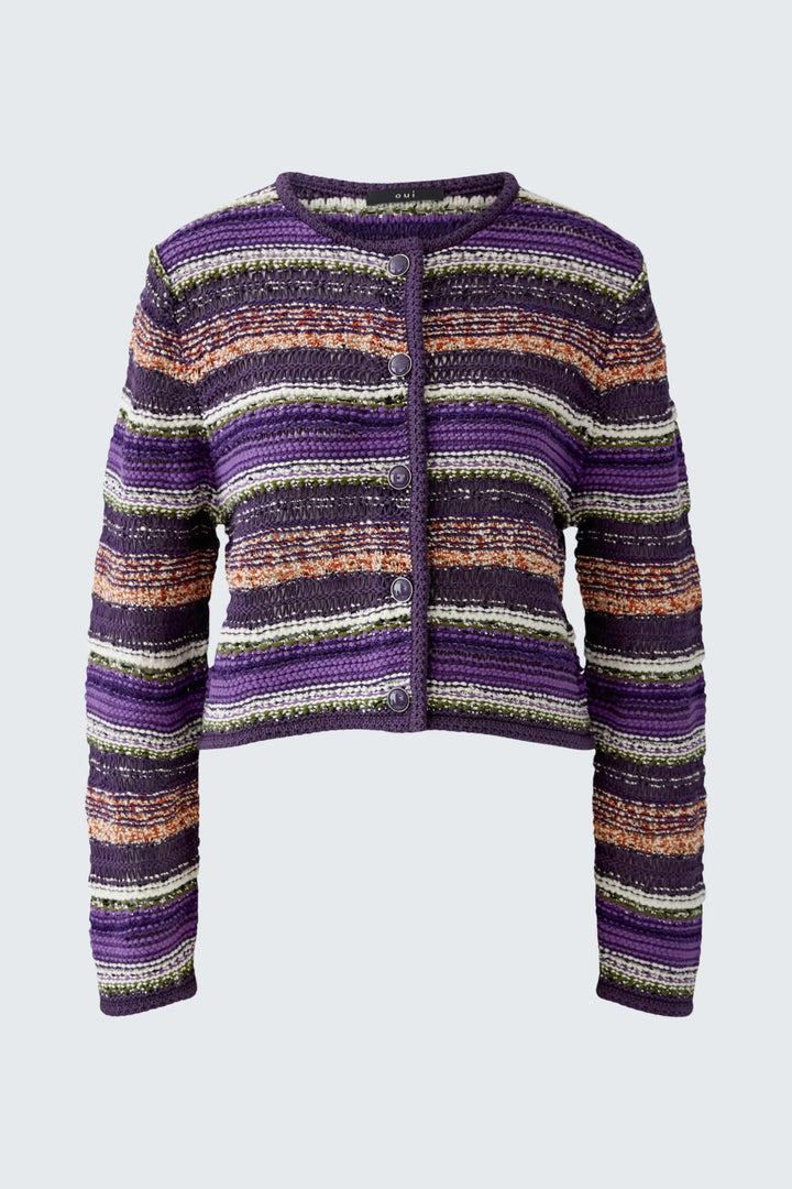 Vue de face cardigan rayé gris et blanc en maille texturée pour femme - Valérie Simon