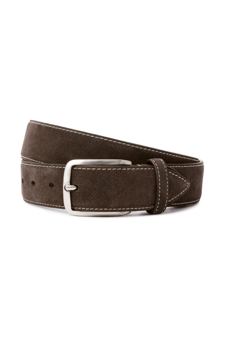 Side view of a brown suede leather belt by Paul and Shark with a metal buckle - Valérie Simon