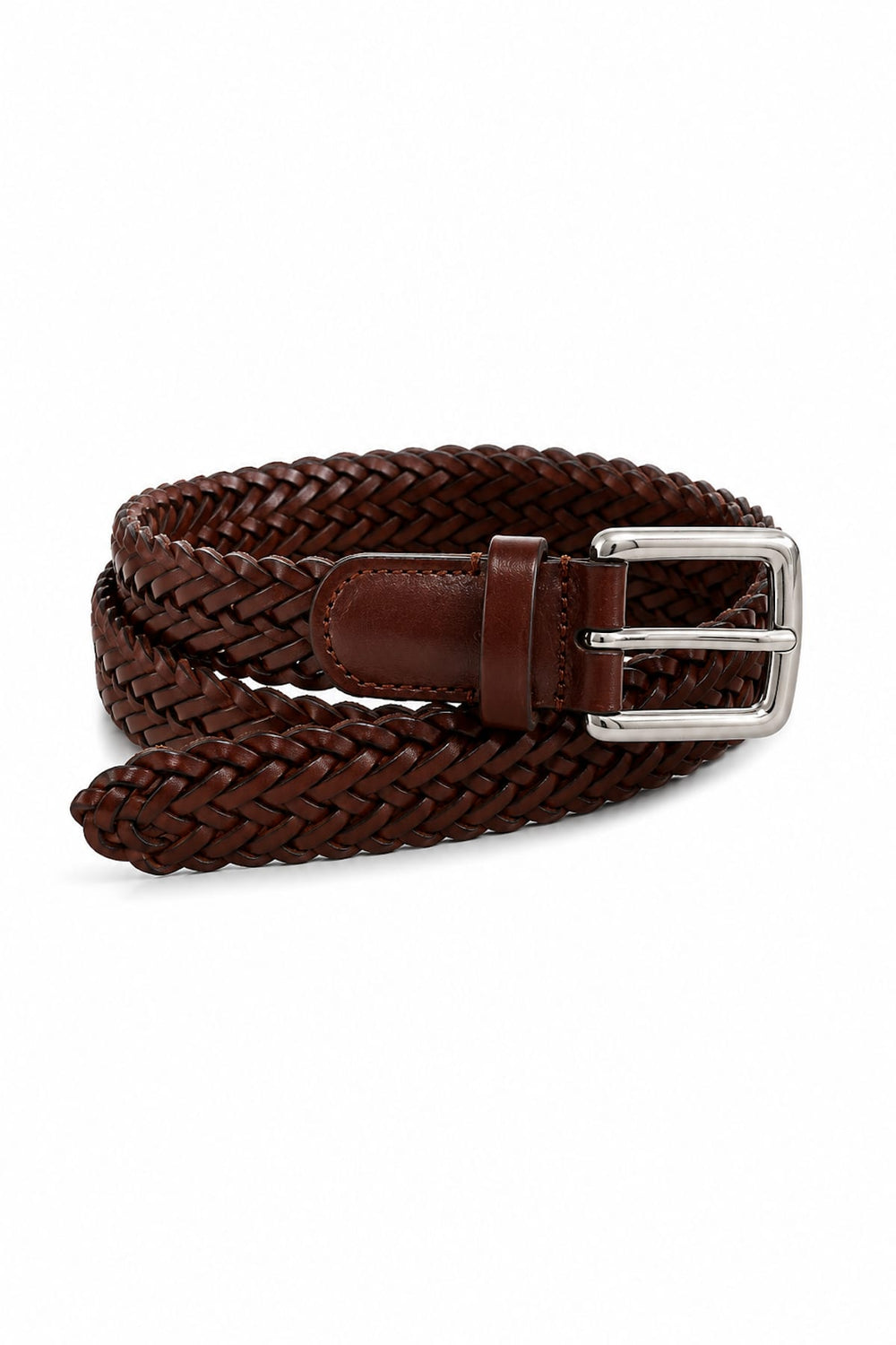 Black men's braided leather belt, side view, with a silver buckle by Anderson’s - Valérie Simon
