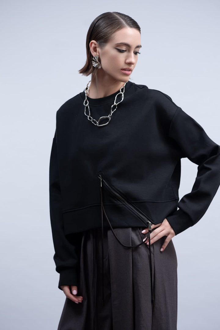 Vue latérale chandail fermeture éclair Haako femme gris avec détails couture - Valérie Simon