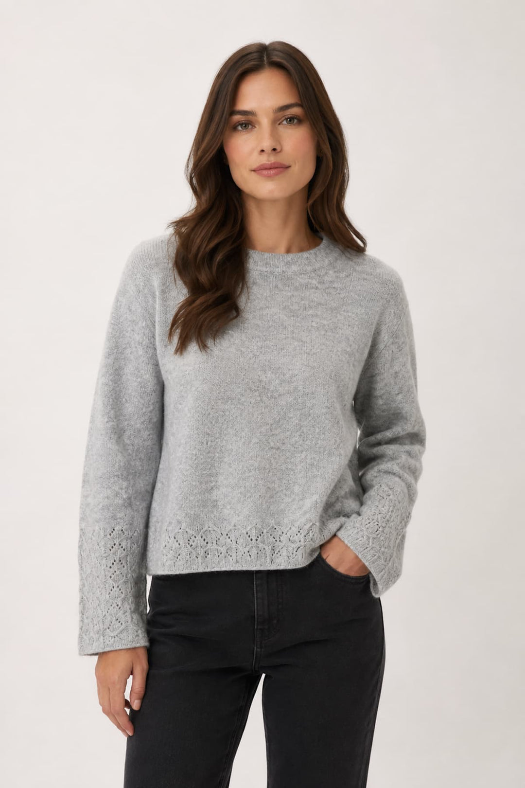 Vue de face chandail ajouré Kaffe pour femme beige - manches longues - Valérie Simon