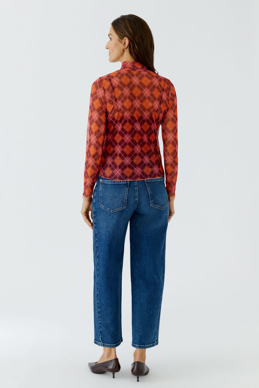 Women's sheer plaid-pattern knit sweater front view Oui