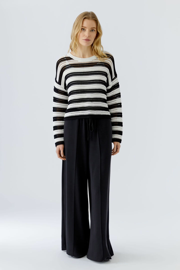 Front view of a white and gray striped openwork knit sweater for women - Valérie Simon