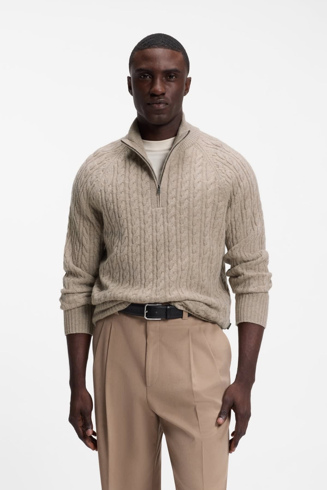 Hugo Boss half-zip cable-knit sweater front view