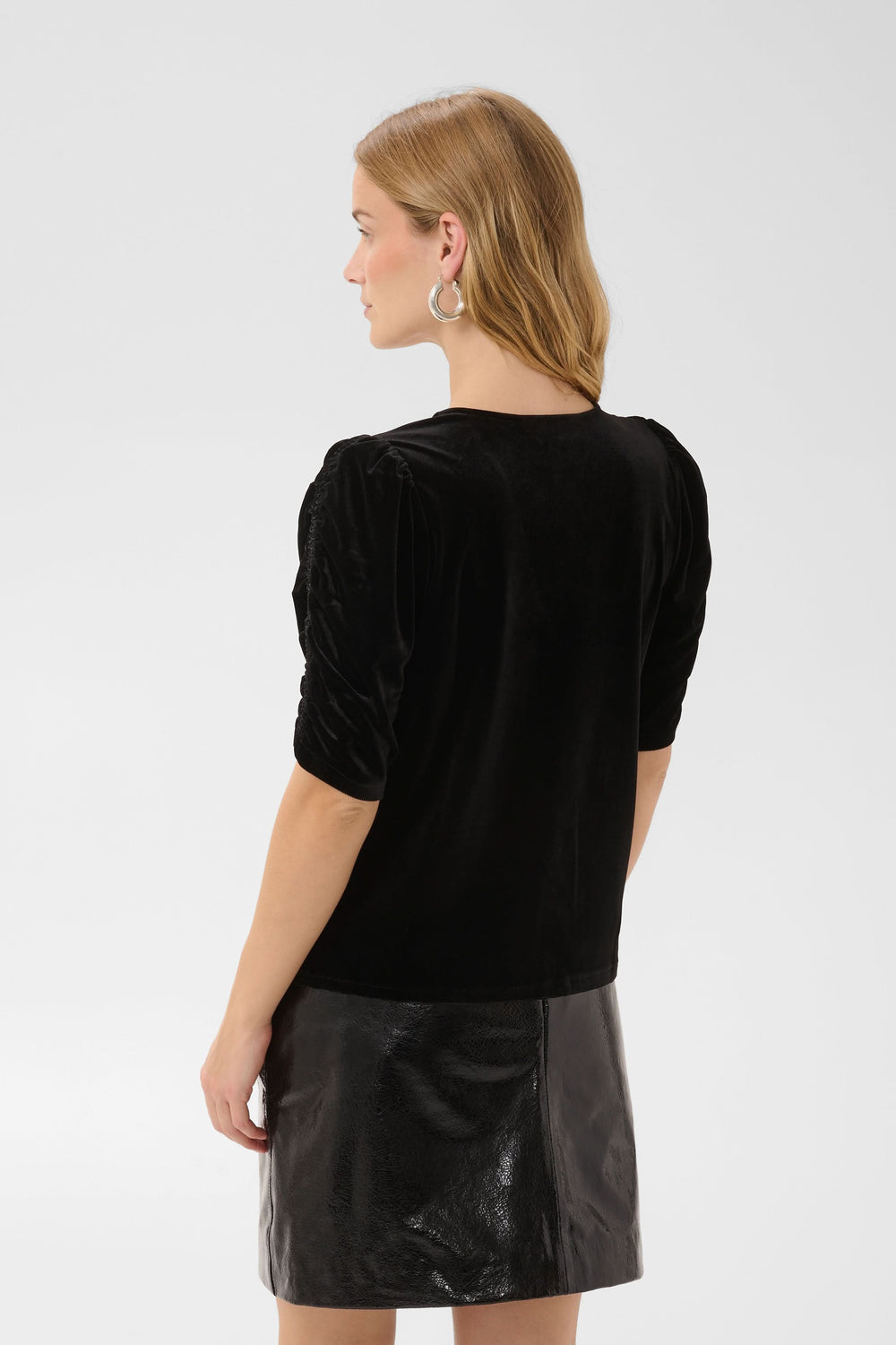 Women's Valeriia velvet top with ruched sleeves, front view Part Two