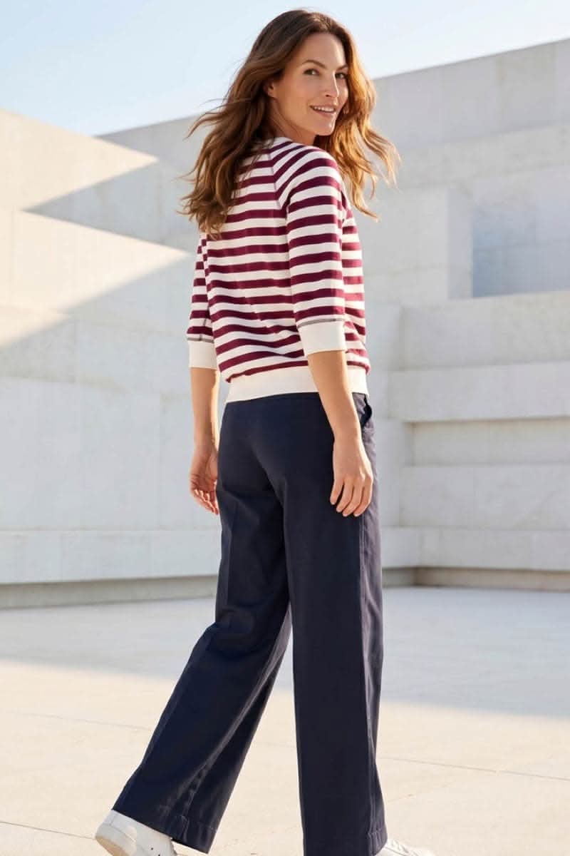 Front view of a women's Kennys striped three-quarter-sleeve sweater