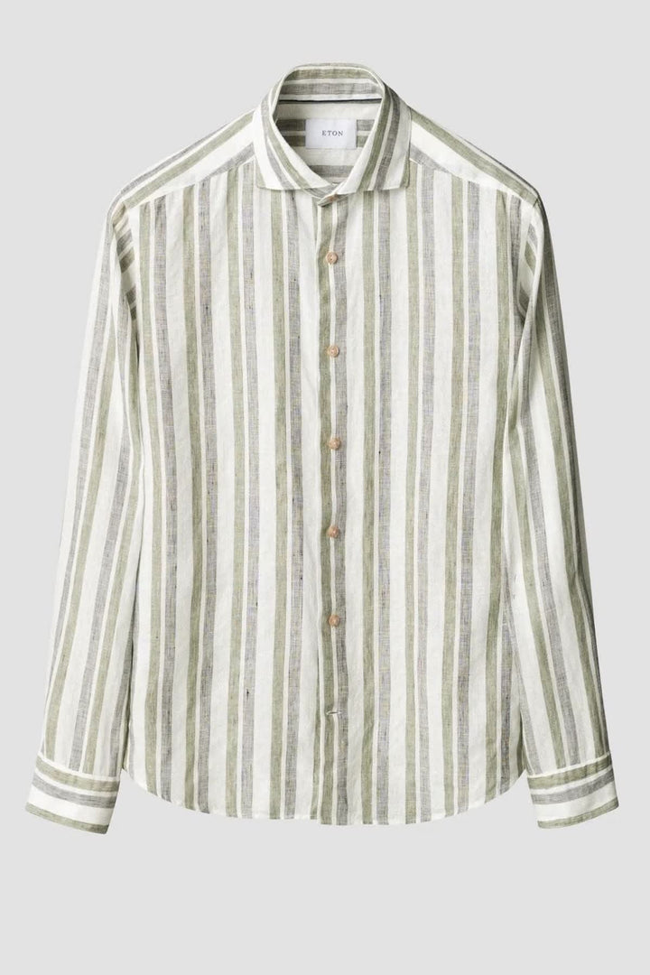 Front view of the Eton blue-and-white striped casual shirt for men - Valérie Simon