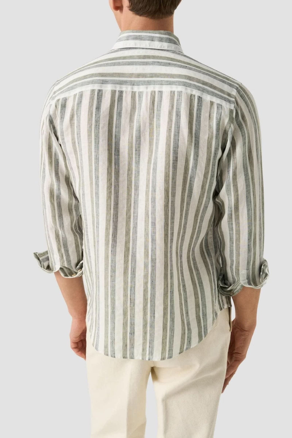 Front view of an Eton striped men's shirt in linen blend with a white and blue button-down collar - Valérie Simon