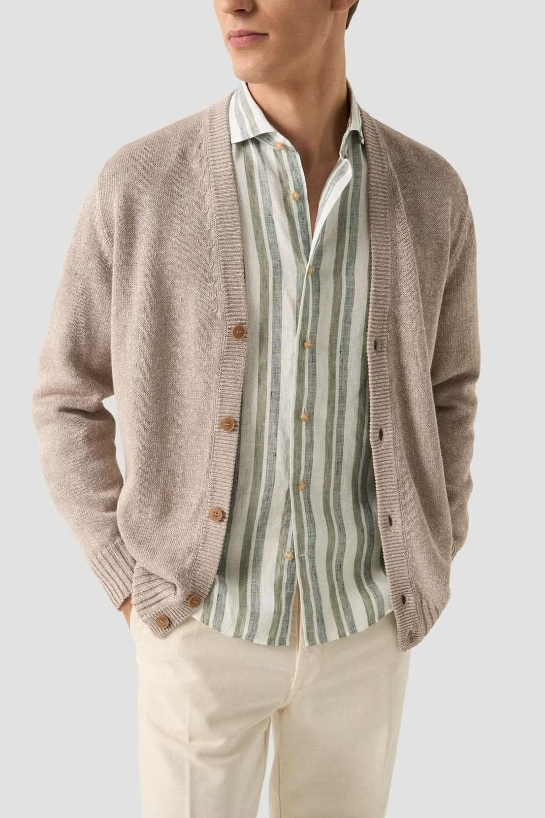 Front view of a beige and blue striped Eton sport shirt for men - Valérie Simon