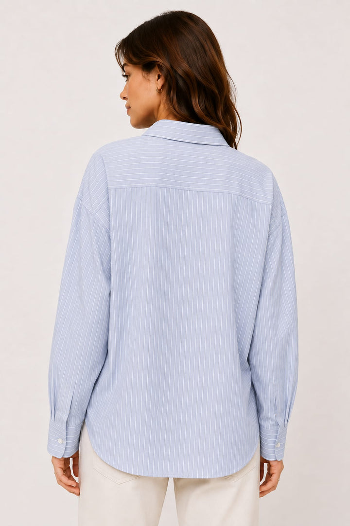 Vue de côté chemise ample à fines rayures JC SOPHIE blanc-bleu pour femme - Valérie Simon