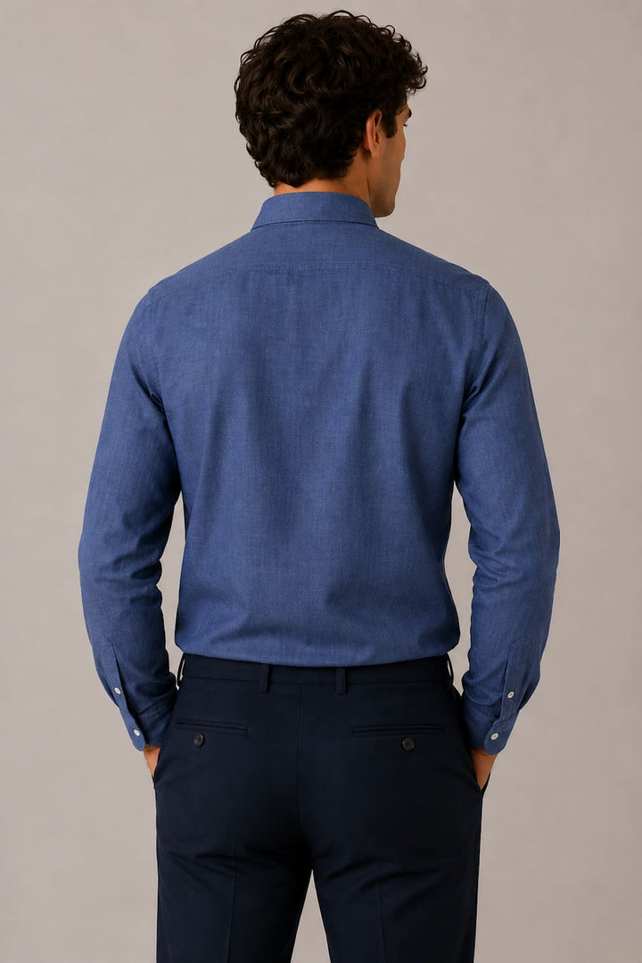 Front view of the Eton light blue long-sleeve chambray shirt for men - Valérie Simon