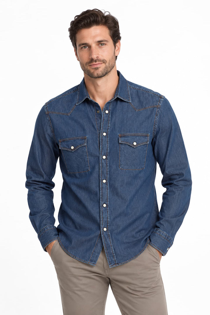 Chemise en denim bleue style western vue de face pour homme Fradi