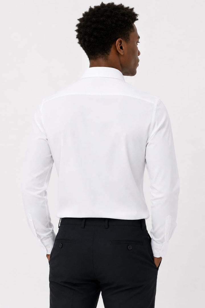 Front view of a white Eton dress shirt for men with a classic collar - Valérie Simon