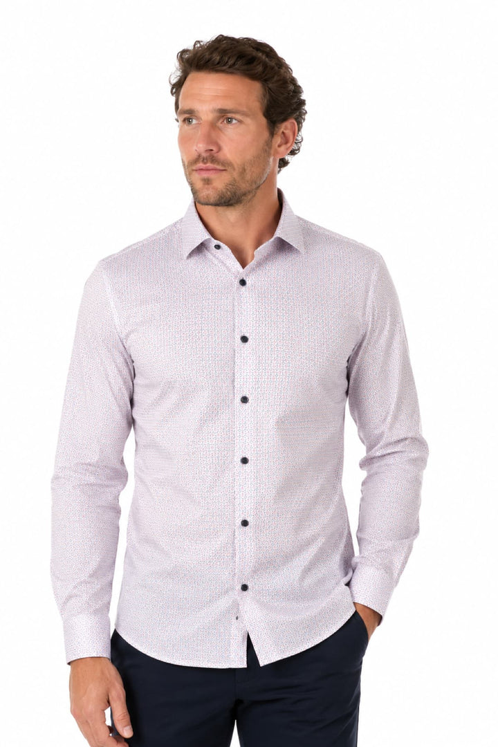 Vue latérale chemise sport homme motifs géométriques beige et bleu Lief Horsens - Valérie Simon