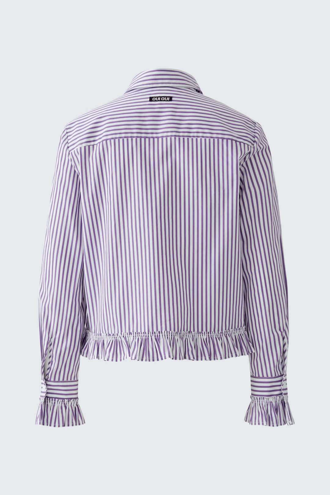 Vue de face chemise rayée à volants blanc et bleu pour femme - Valérie Simon