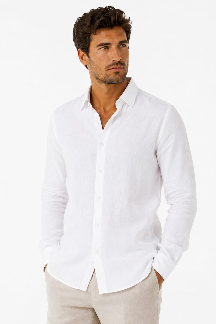 Vue de face chemise sport en lin Lief Horsens homme beige avec col déboutonné - Valérie Simon