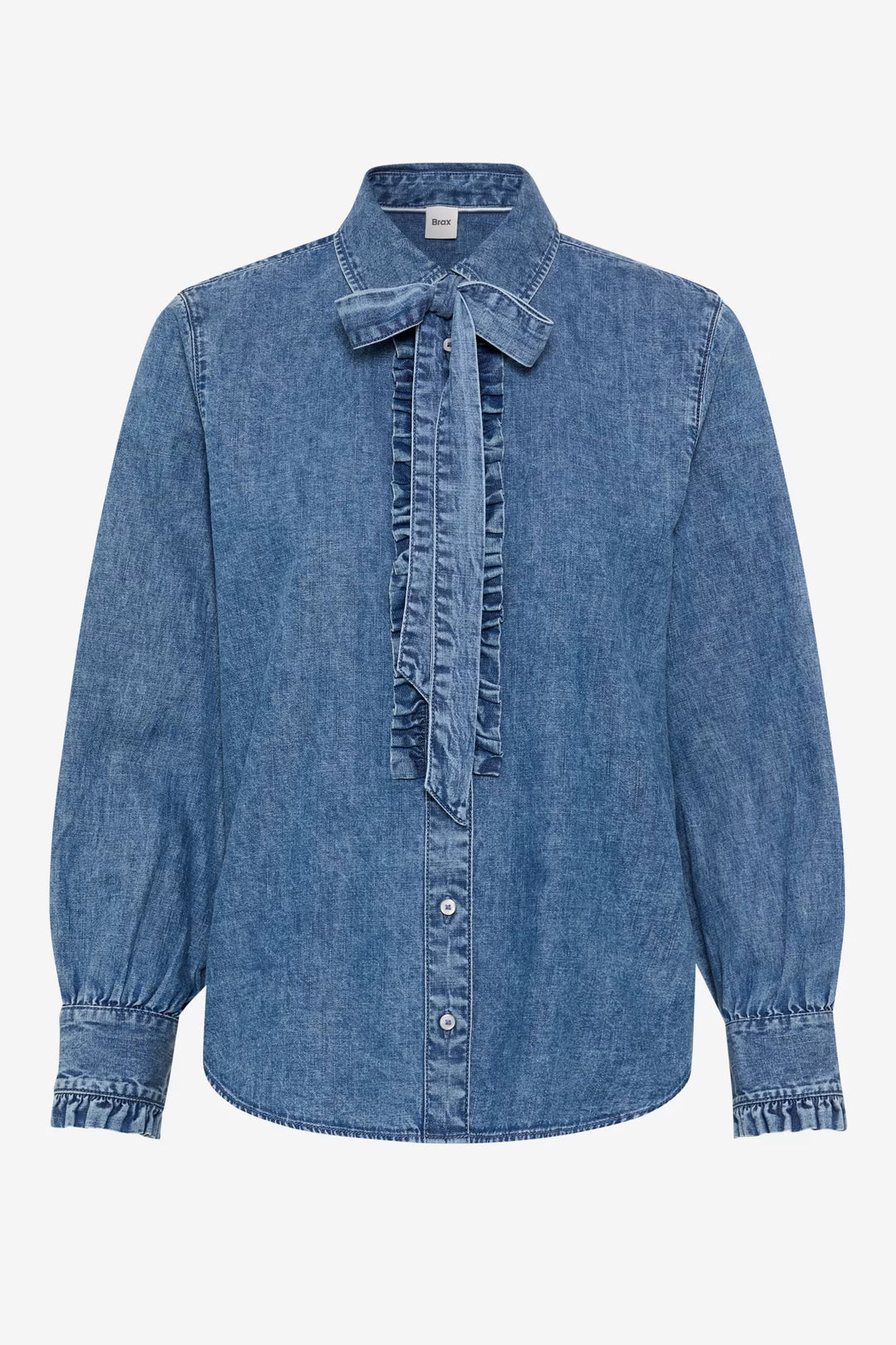 Chemise Victoria en denim bleu à col lavallière vue de face pour femme Brax