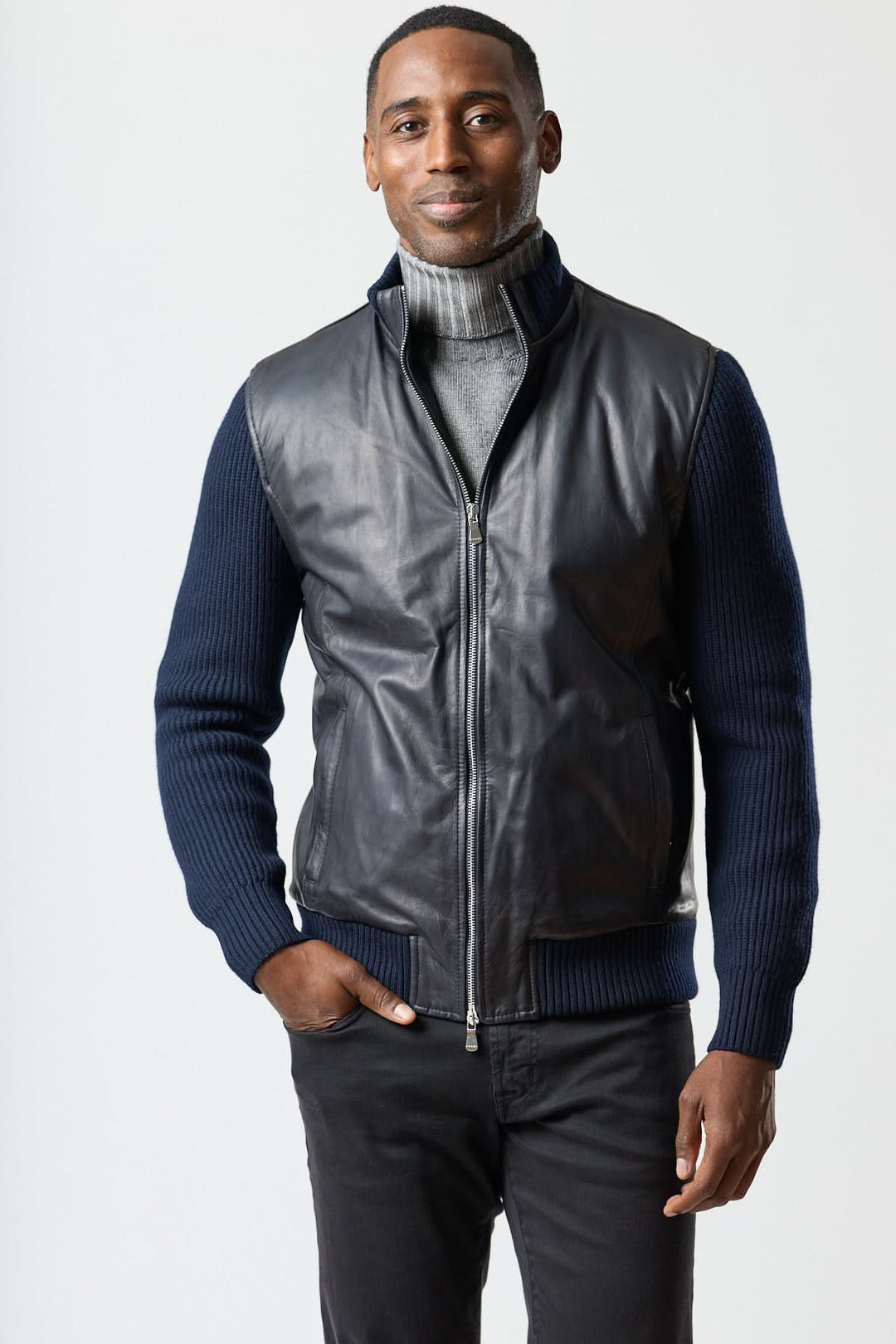 Blouson hybride cuir & tricot zippé