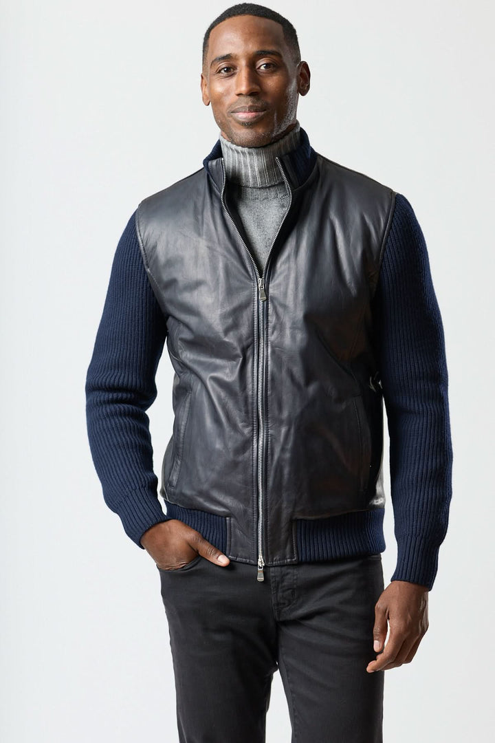 Blouson hybride cuir & tricot zippé
