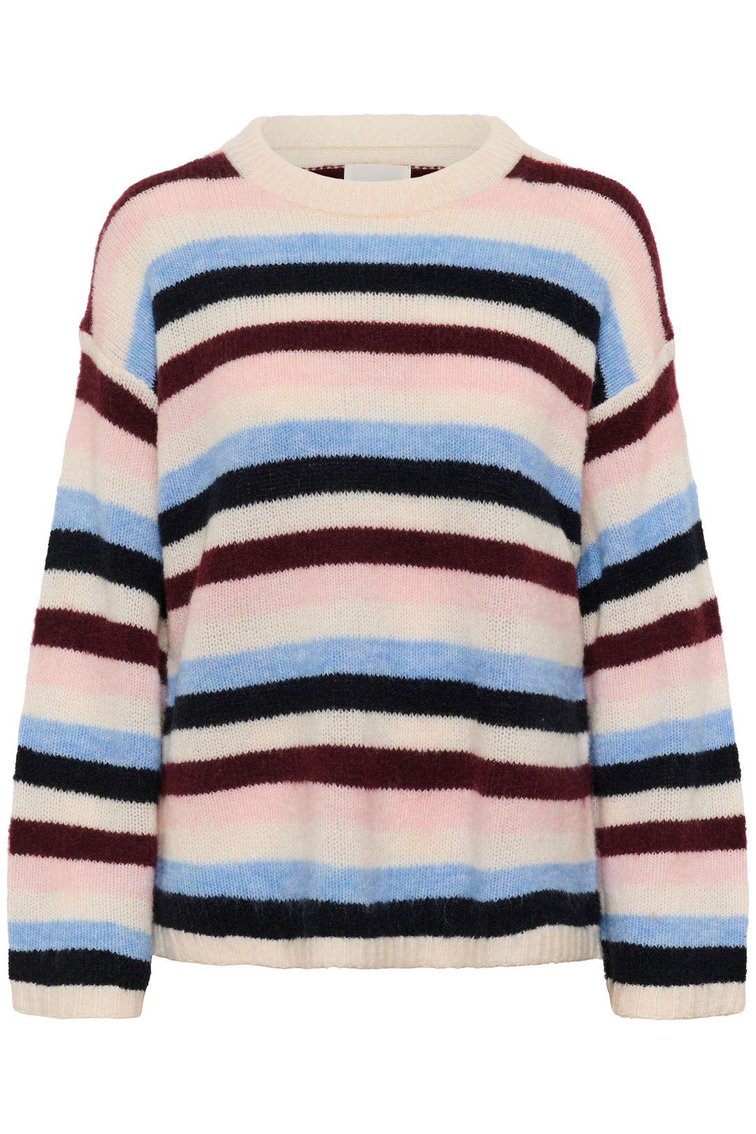Tricot Spence à rayures multicolores, col rond, manches longues, coupe droite pour look chic et décontracté.