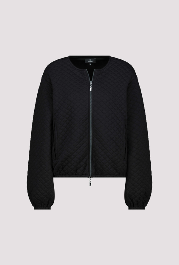 Veste matelassée avec poches noire à motif losanges, coupe courte moderne et manches longues bouffantes pour un style décontracté élégant.