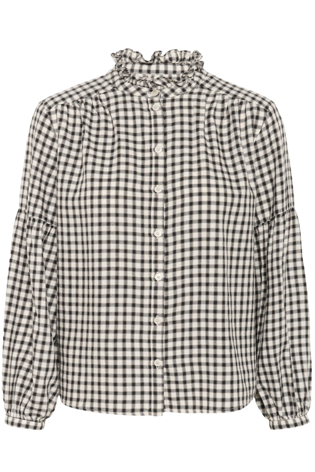 Blouse Samilla à carreaux avec col à volants, manches longues bouffantes et boutonnage complet sur le devant, style chic et intemporel.