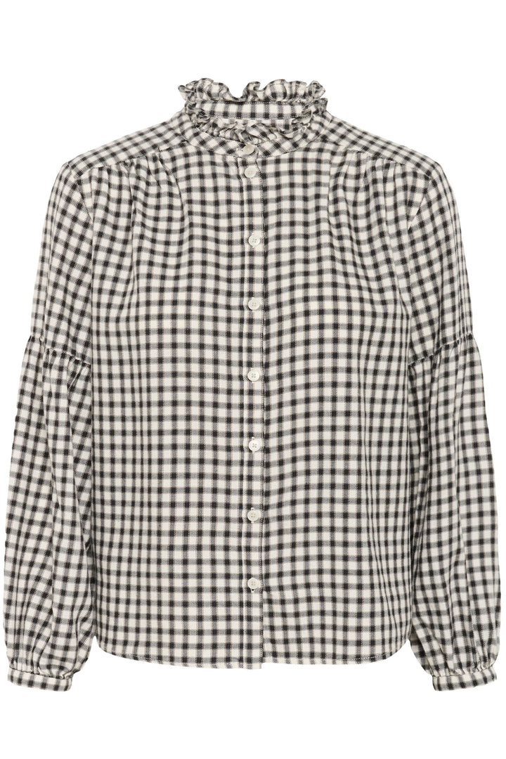 Blouse Samilla à carreaux avec col à volants, manches longues bouffantes et boutonnage complet sur le devant, style chic et intemporel.