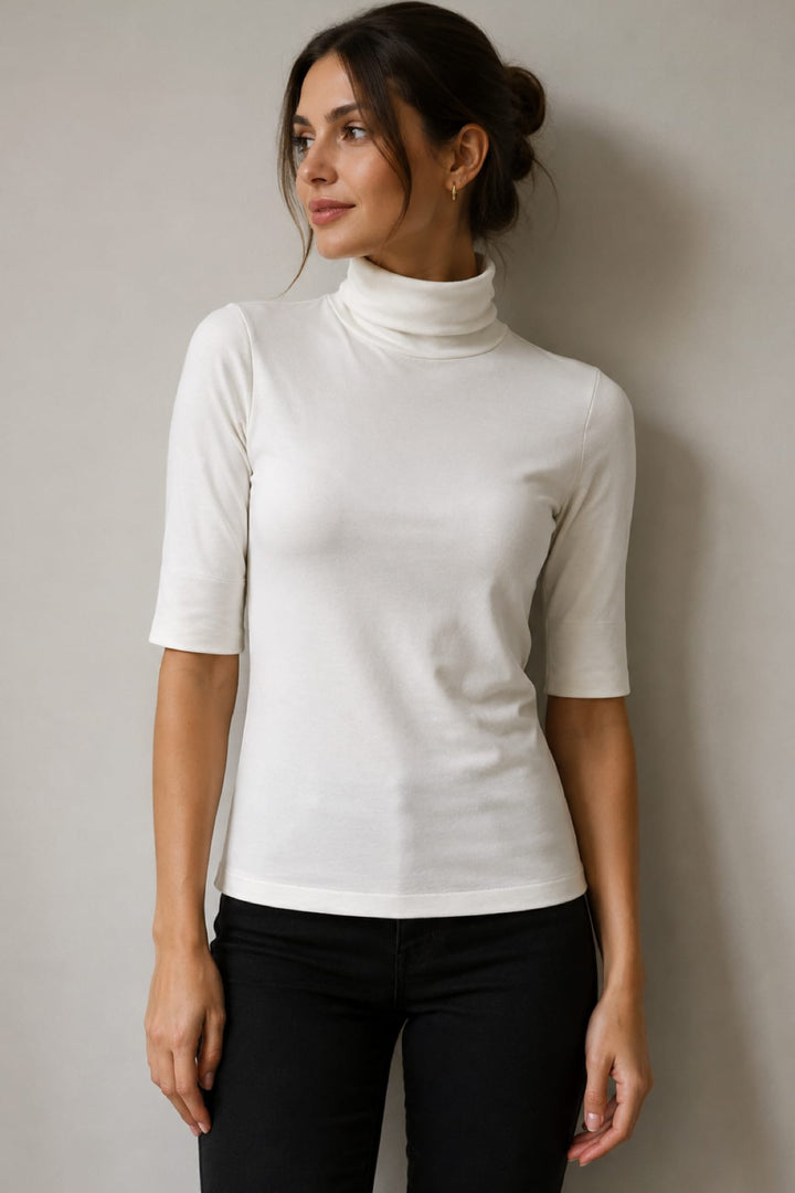 Vue de face haut col roulé Marc Cain bleu femme manches 3/4 - Valérie Simon