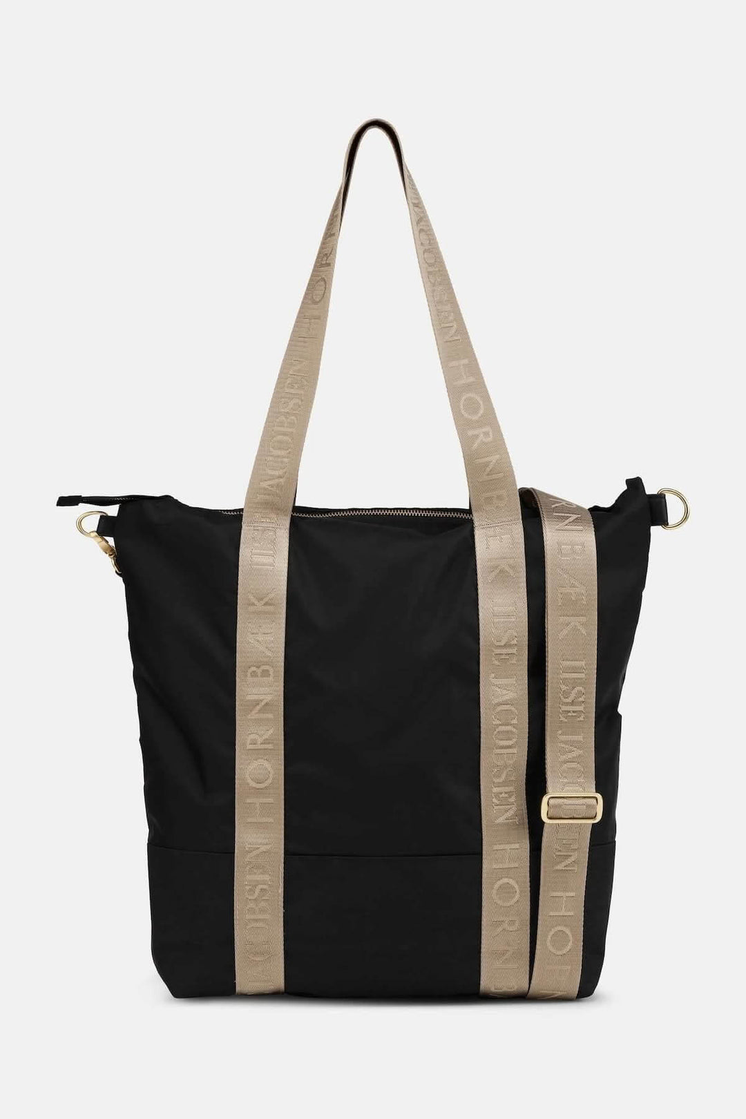 Sac Cabas à main en nylon avec bandoulière ajustable noir avec sangles logotées, fonctionnel et élégant, poche intérieure, fermeture zippée.