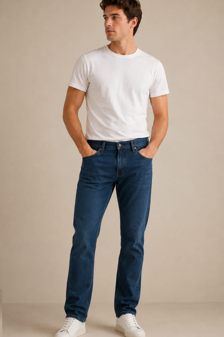 Vue de côté jean droit extensible Brax pour homme gris avec détail poche arrière - Valérie Simon