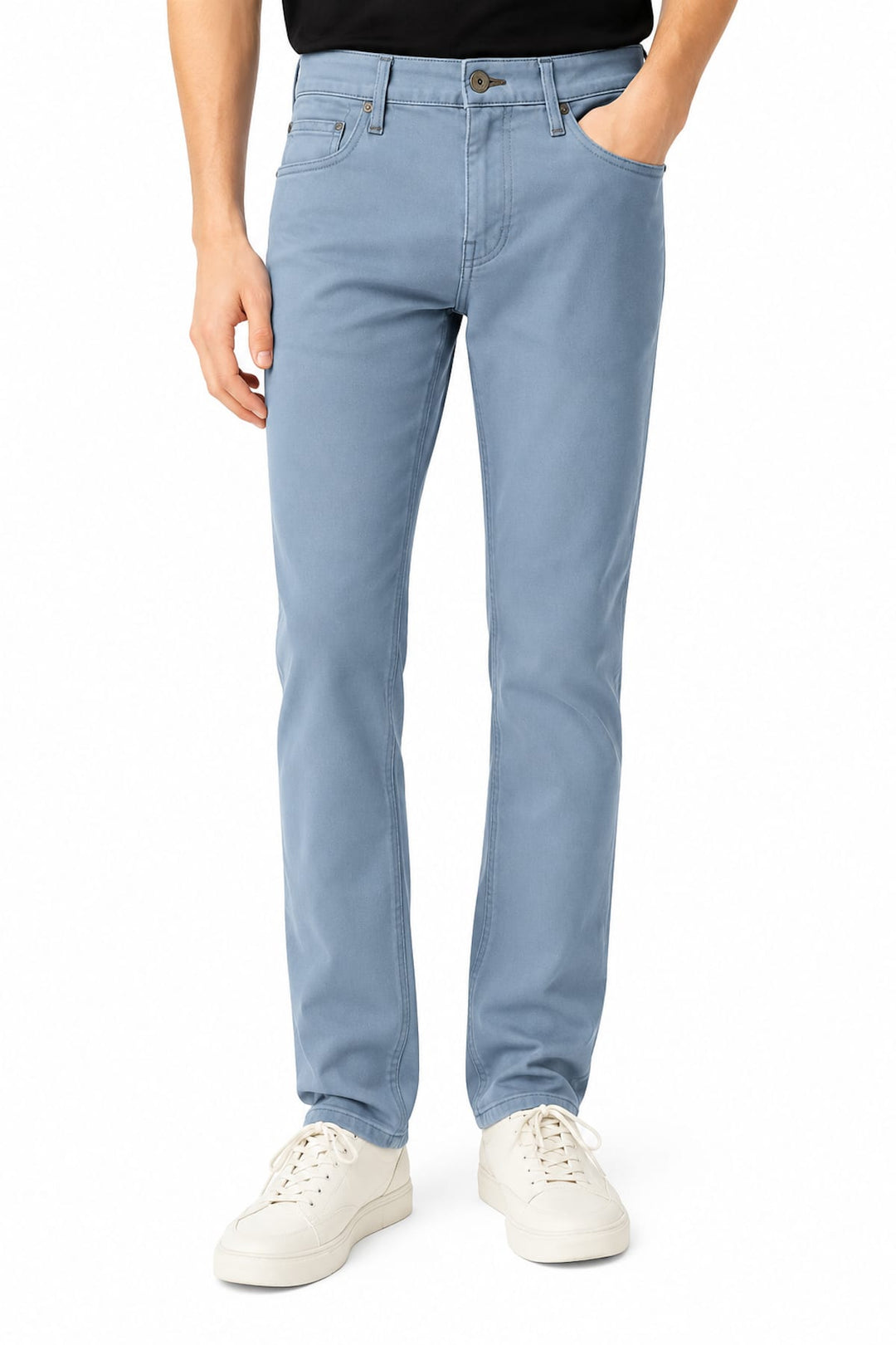 Vue côté jean droit extensible Paige homme gris foncé avec étiquette arrière - Valérie Simon