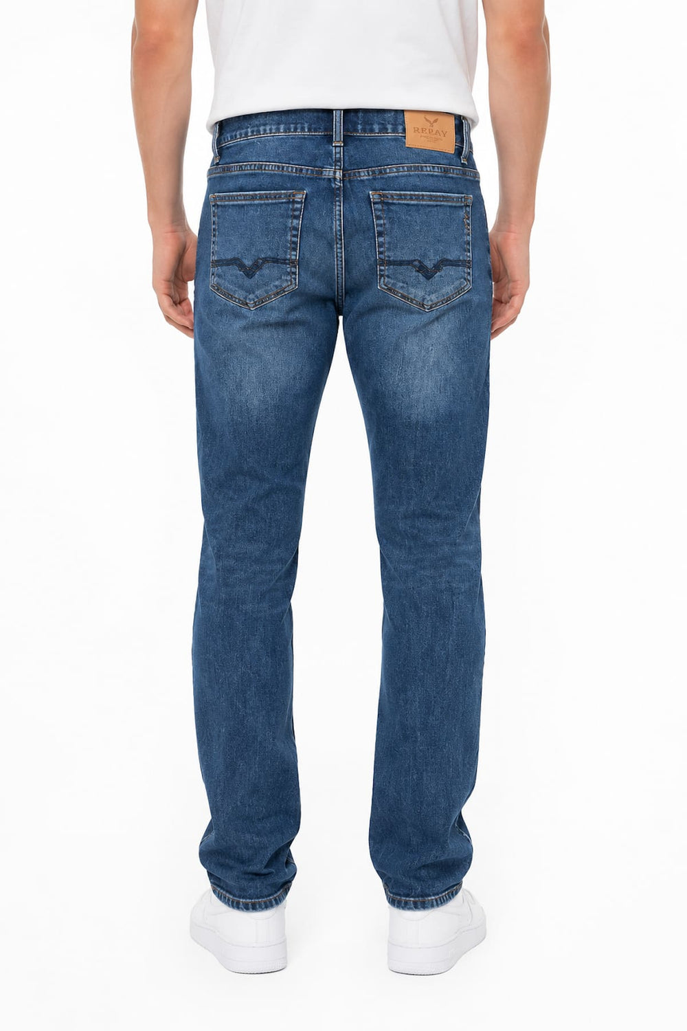 Vue latérale jean bleu foncé Sam pour homme avec surpiqûres contrastées - Valérie Simon