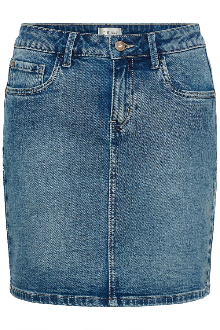 Vue de face jupe courte en denim Cream pour femme avec détails coutures visibles - Valérie Simon