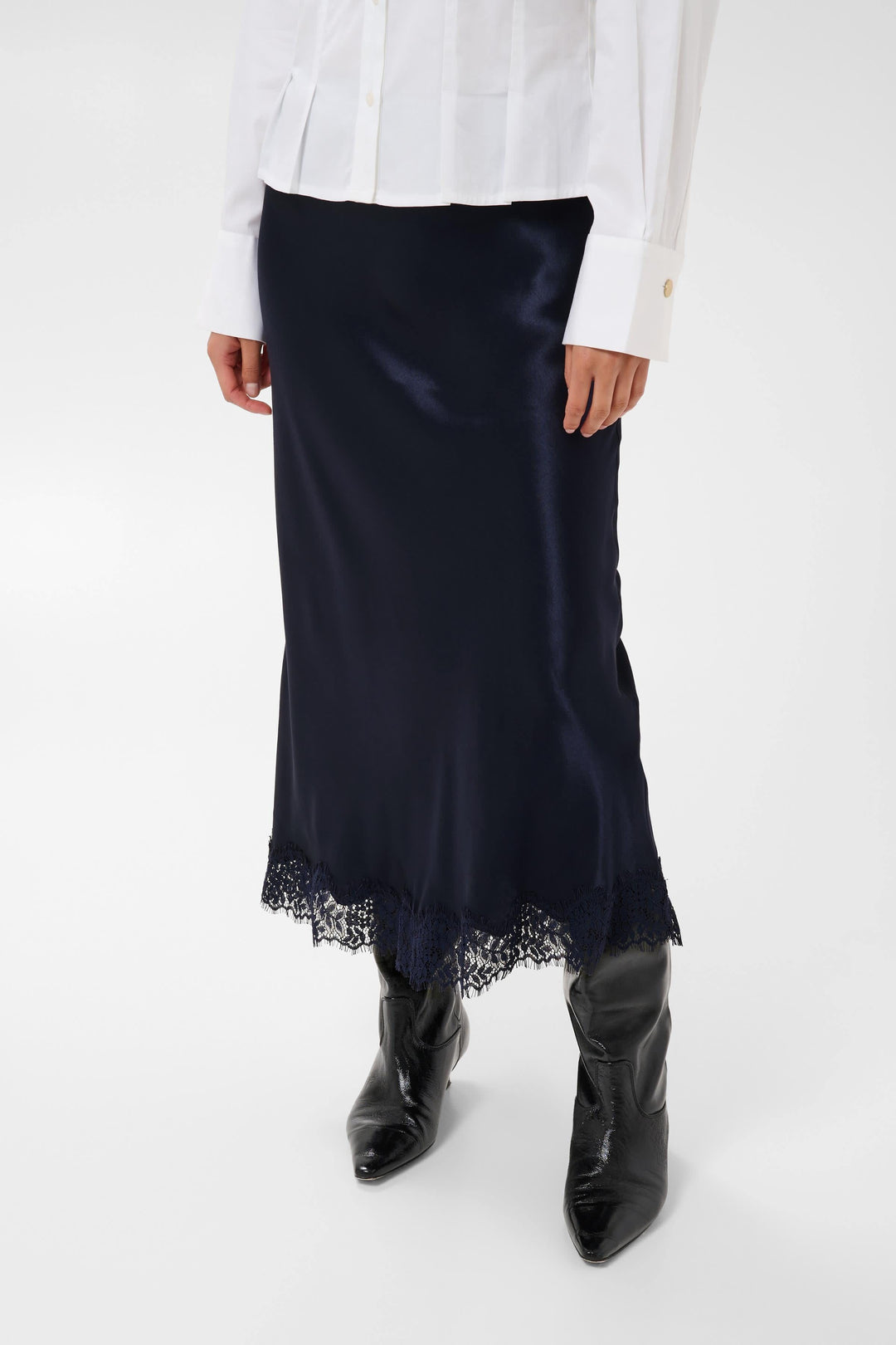 Denija satin midi skirt with lace trim, front view, for women by Part Two