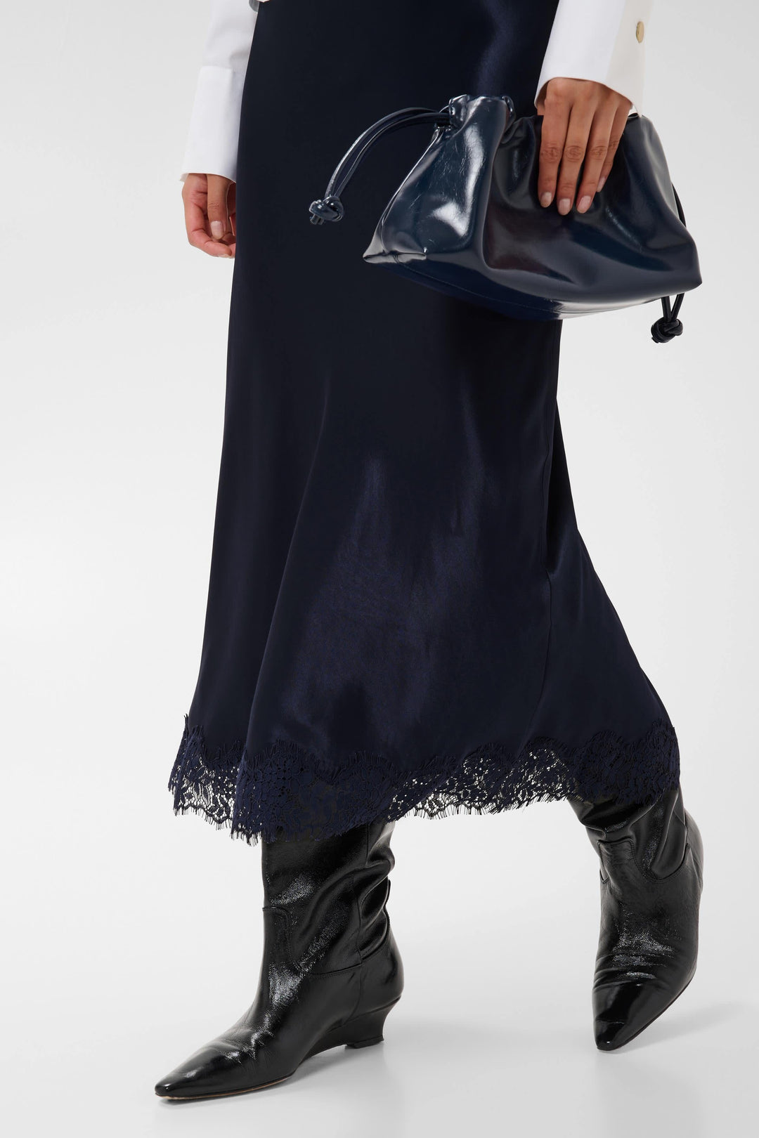 Satin midi skirt with lace trim, front view, for women by Part Two