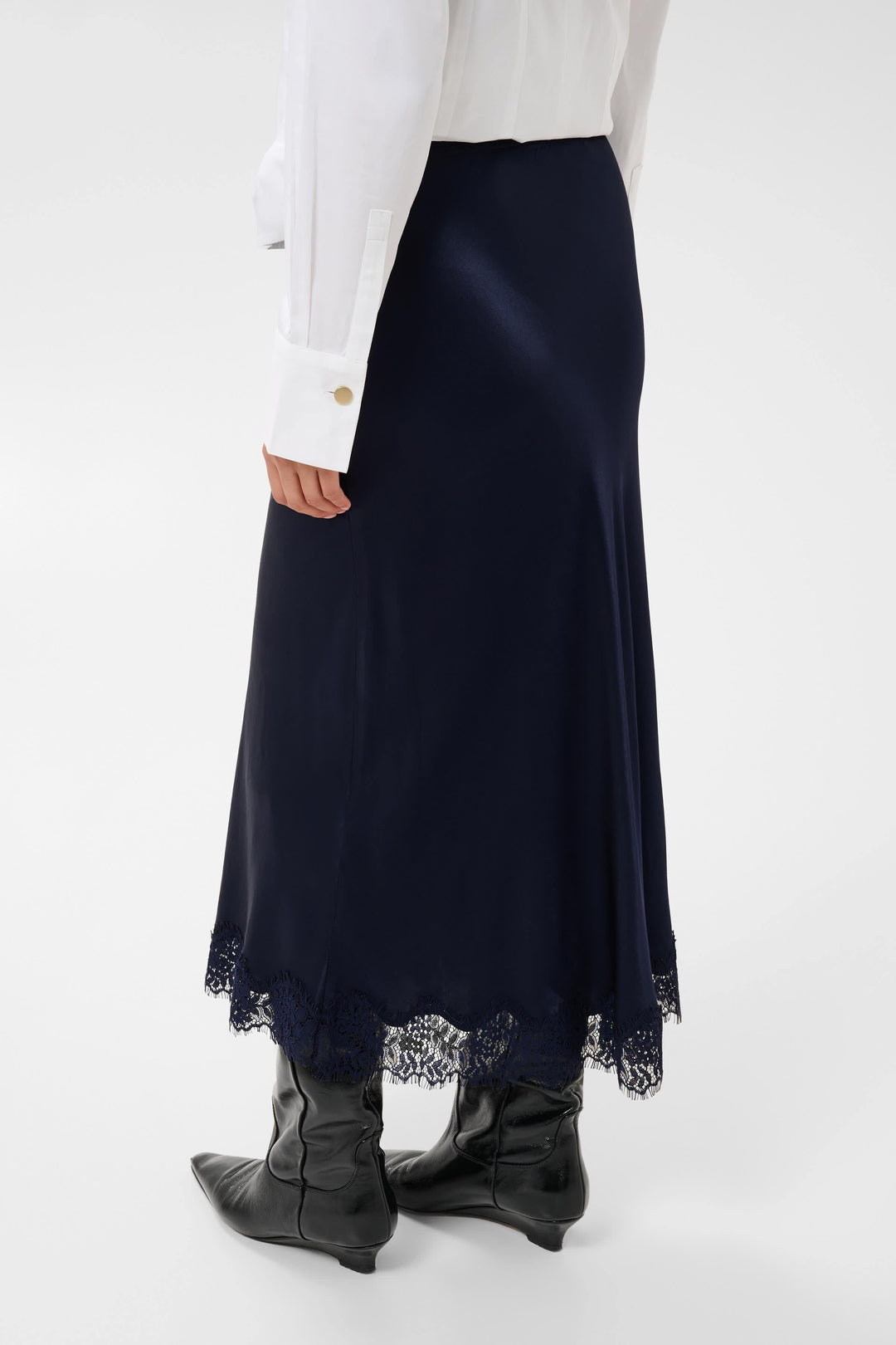 Denija satin midi skirt with lace trim, front view, for women by Part Two