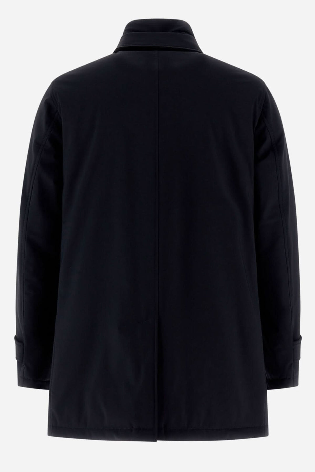 Trench coat style washington noir, en tissu extensible et résistant, avec bavette amovible et rembourrage en plumes.